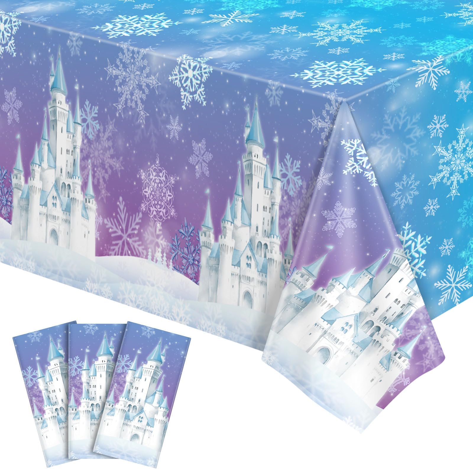 NatNarr 3 Pack Frozen Tablecloth, 54 x 108 Inch Snowflake Plastic Tablecloths Blue and Purple Snowflakes Table Cover, Winter Wonderland Table Cloth for Holiday Frozen Birthday Party Supplies