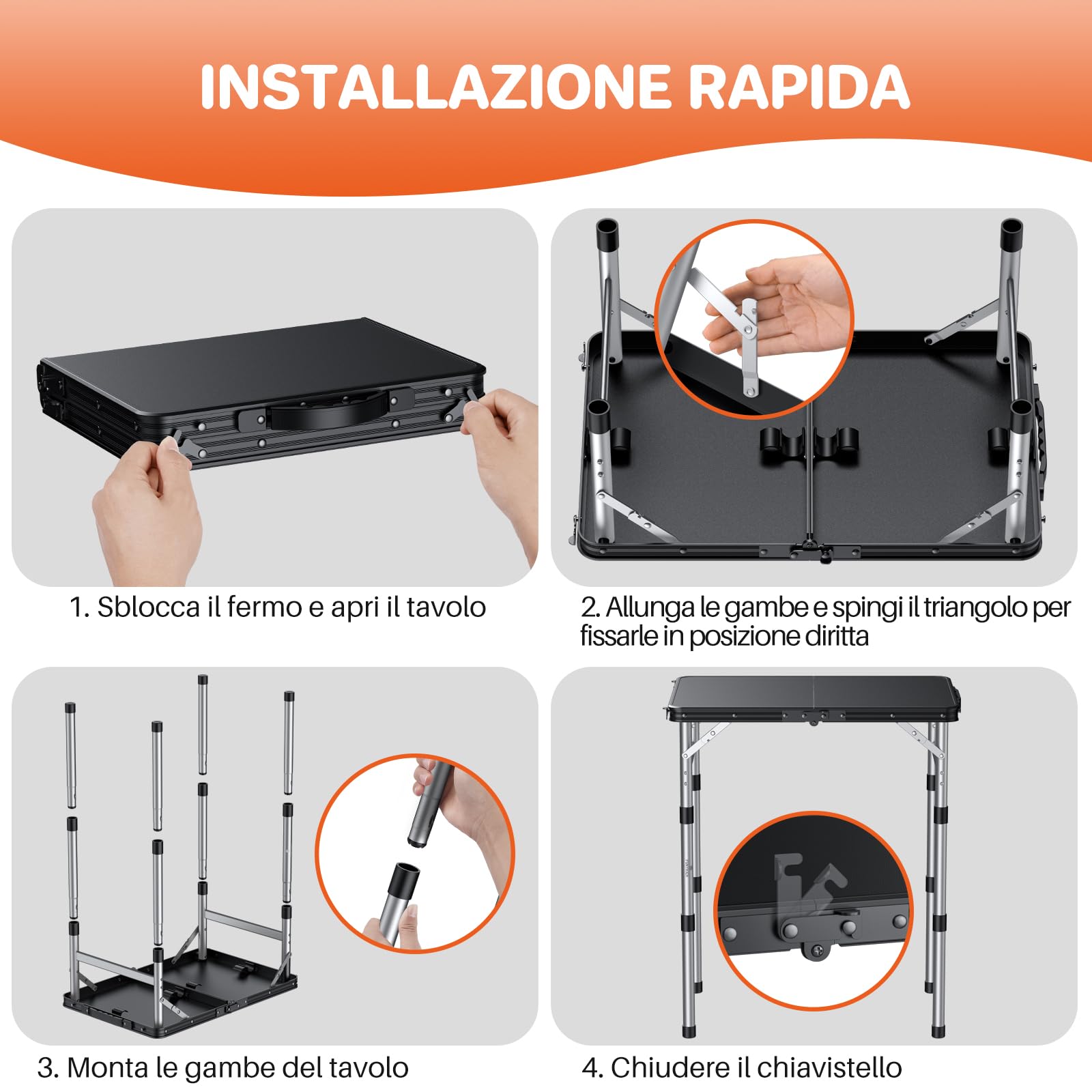 FUNYKICH Tavolo da Campeggio Pieghevole,3 Altezze Regolabili 26/48/70 cm | Tavolo da Picnic 58x40 cm,Plastica Telaio in Lega di Alluminio,Impermeabile,Portatile,per Barbecue/Pesca