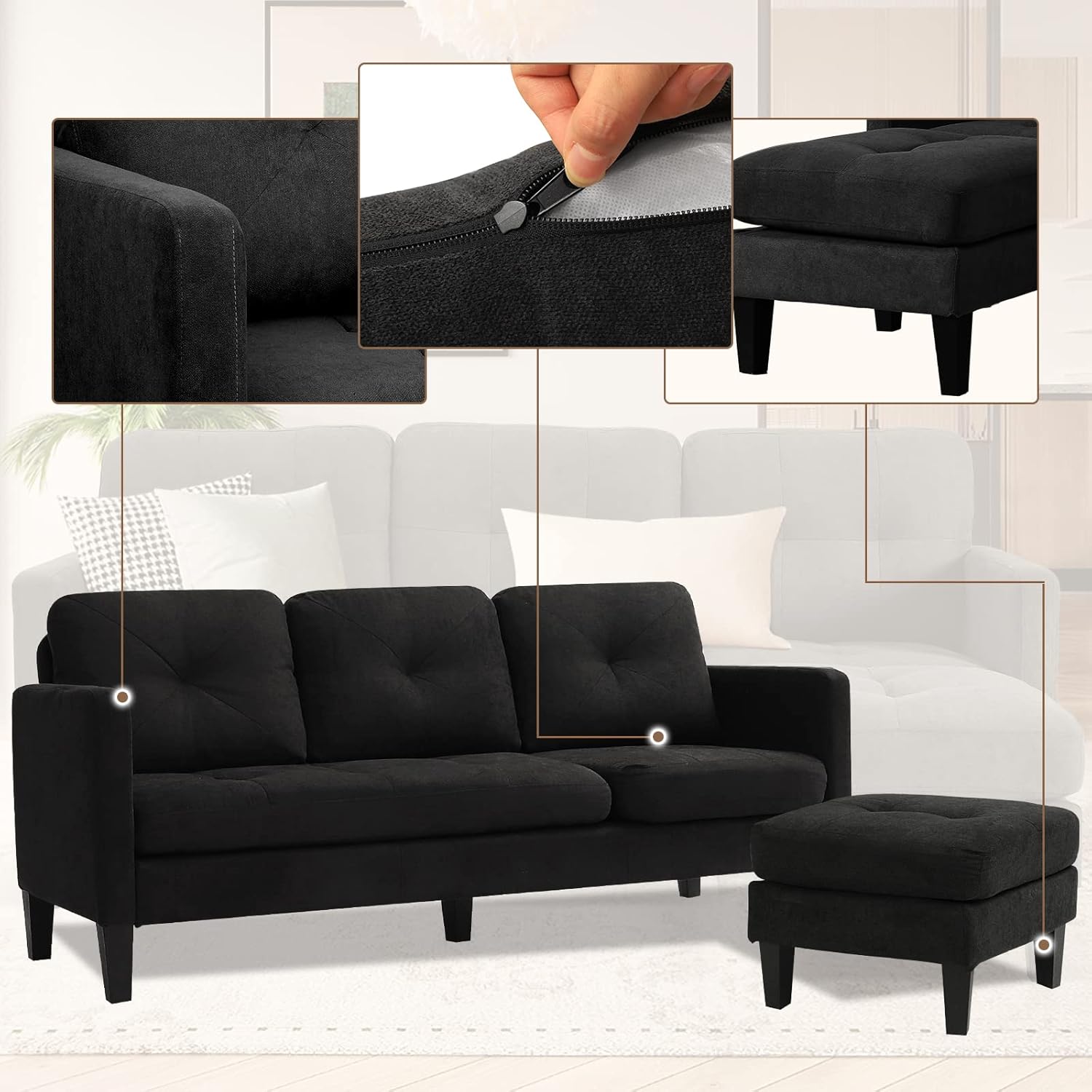 LEISU Convertible Sectional Sofa Couch, L-Shaped Couch Modern Sofa Set with Reversible Chaise for Small Living Room Apartment (Matte Black)