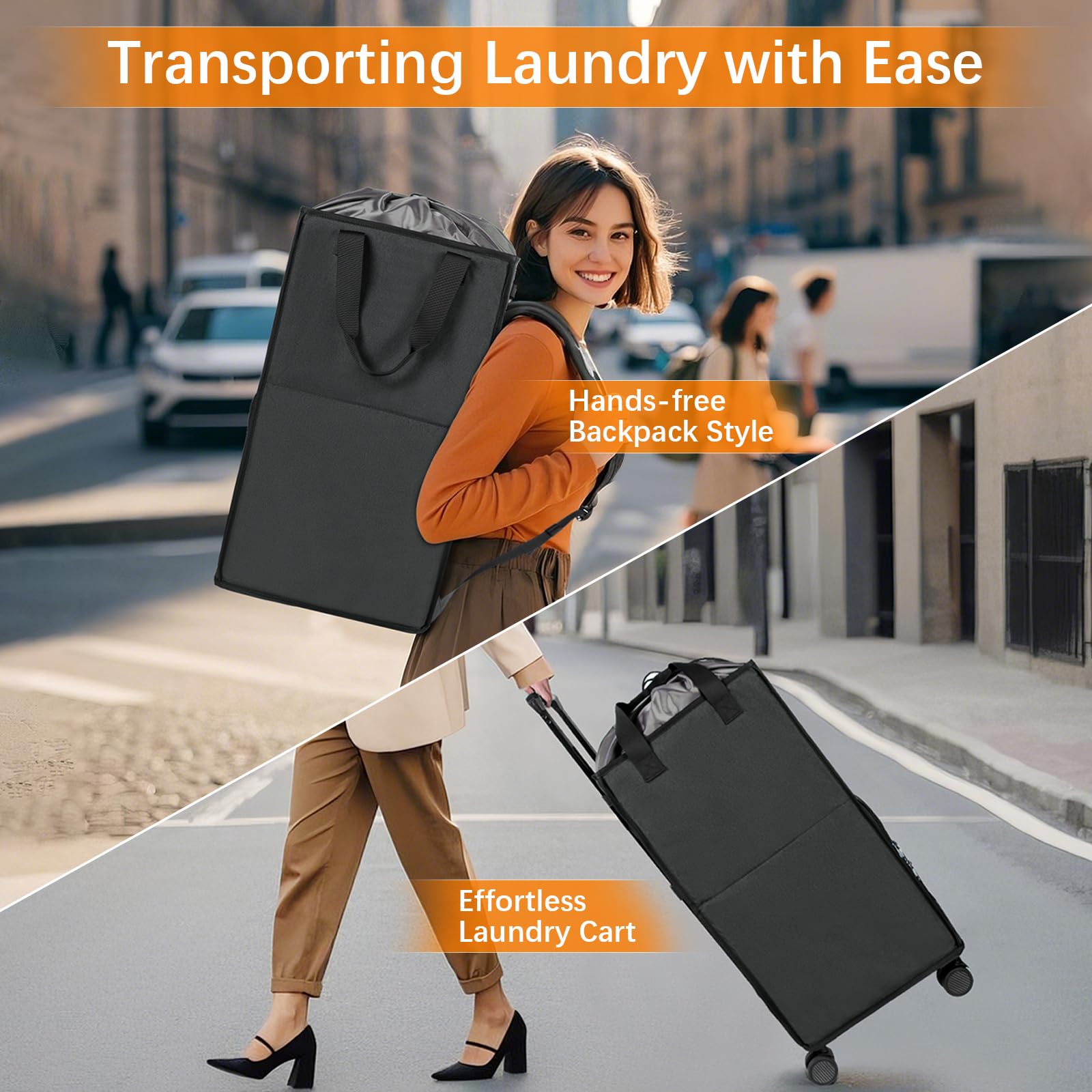 Bukere Zaino portabiancheria extra large 3 in 1 con ruote, cesto portabiancheria autoportante da 90 l, cesto portabiancheria pieghevole con carrello rimovibile per dormitorio universitario