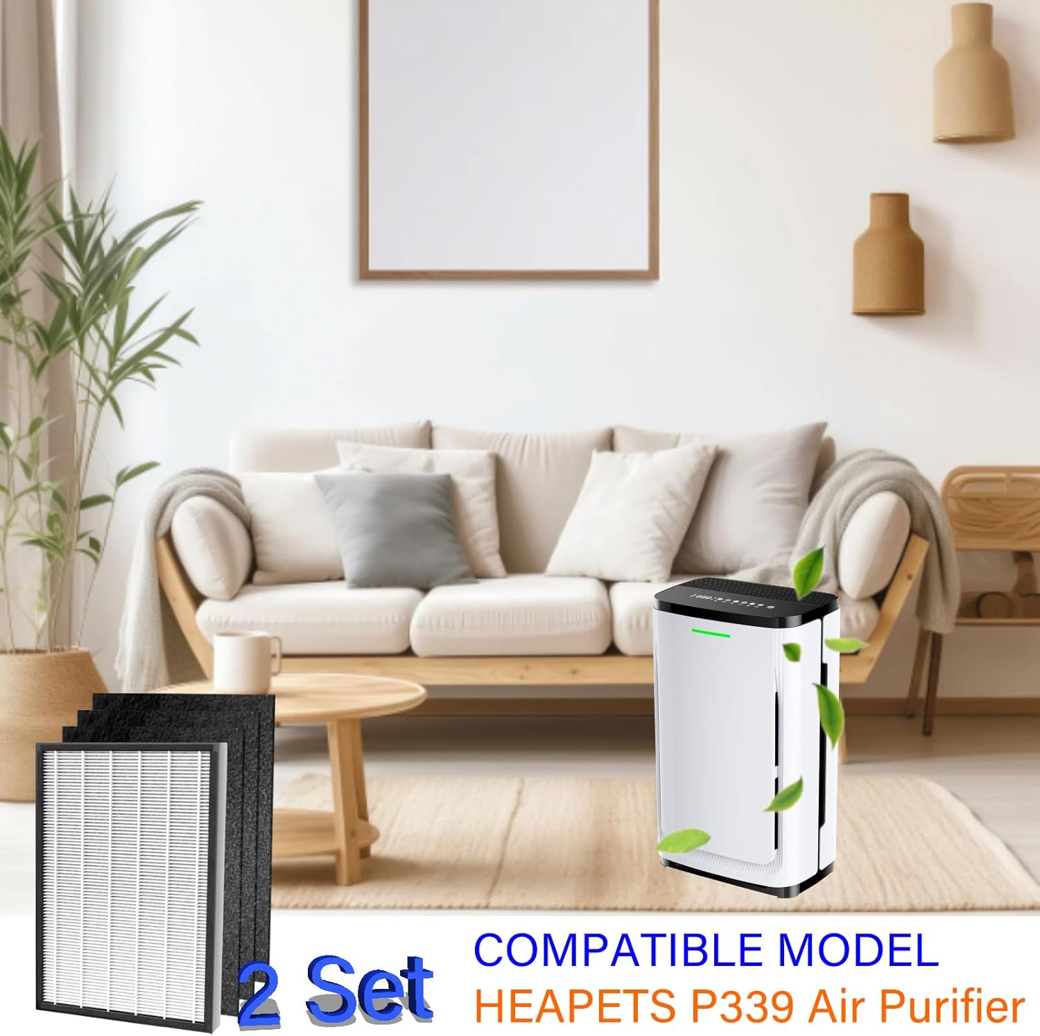 2 Set MPHELW-P339 Replacement Filter for HEAPETS P339 Air Purifier, 3-in-1, 2 Pack H13 True HEPA with High efficiency Activated carbon and 6 Pack Carbon Pre-Filter - Image 2