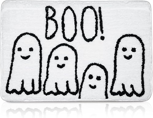 Miniatura 7 de Tinideya Alfombra de baño de Halloween, tapete de baño fantasma, tapete de baño espeluznante para decoración de baño de Halloween, 20 x 32 pulgadas,