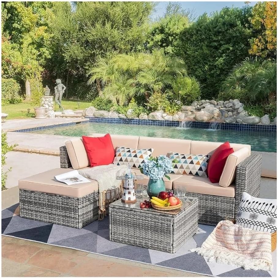 Outdoor Furniture Set, Outdoor Furniture,Patio Conversation Sets,Outdoor Sofa 5 Pieces Set,Manual Weaving Rattan Wicker with Cushion and Glass Table,Patio Sofa