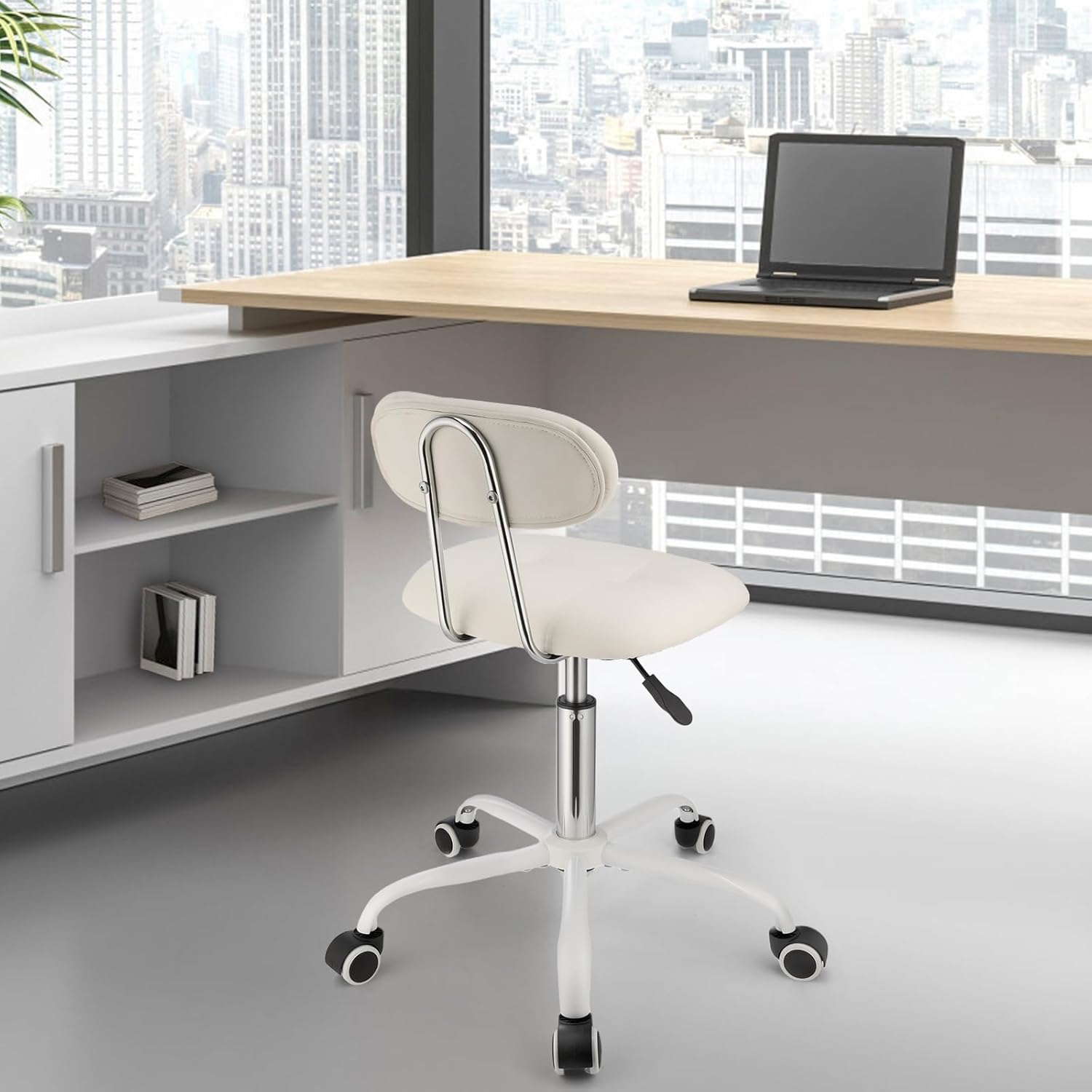 Square Rolling Stool with Backrest Height Adjustable Chair Swivel Drafting Chair Stool Chair with Wheels Stable Base Foot White