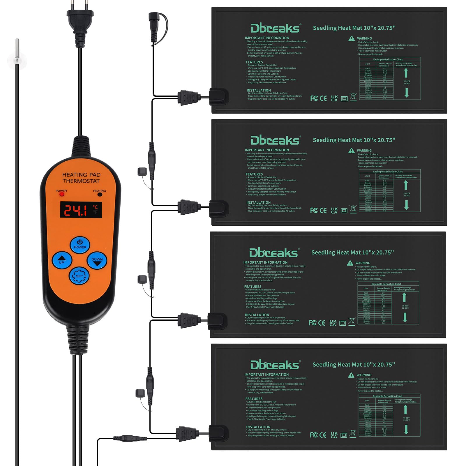 DBREAKS 4 Pcs Manta Calefactora para Semillas o Plántulas Invernadero, Alfombrilla de Calor para Plantas con Controlador de termostato, 30W Esterilla Térmica para Invernadero Interior Almohadilla