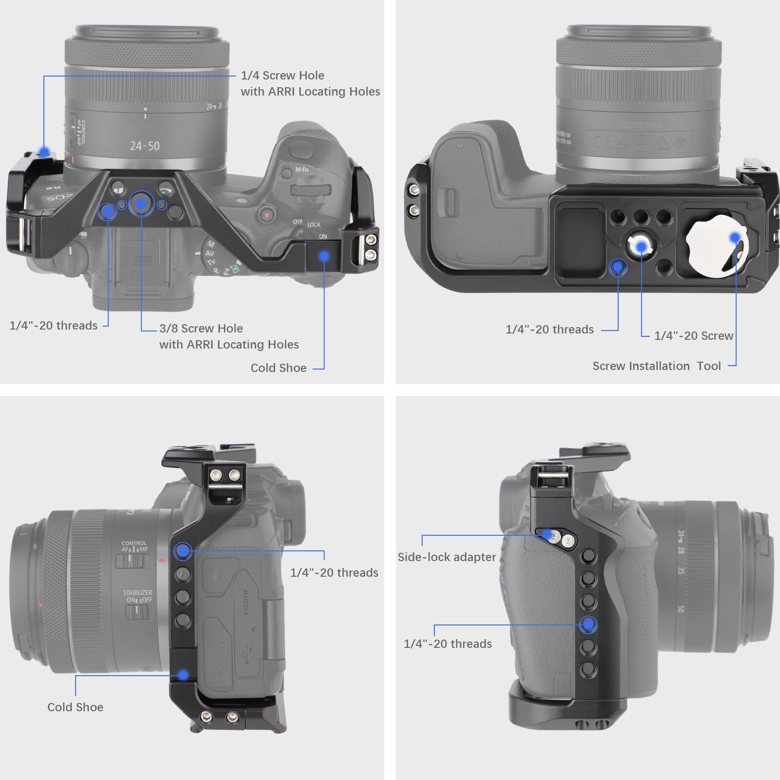 LEFTFOTO Gabbia per fotocamera Canon EOS R8 con base Arca, scarpa fredda, slot per cinghia, fori per viti da 1/4 e 3/8", compatibilità stabilizzatore DJI RS - per riprese video Vlog