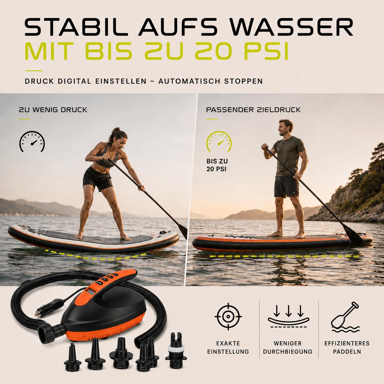 SkinStar Pompa elettrica SUP 20 PSI con display digitale, arresto automatico, collegamento 12 V, funzione di gonfiaggio e aspirazione, con 6 adattatori per SUP, kayak e gommoni