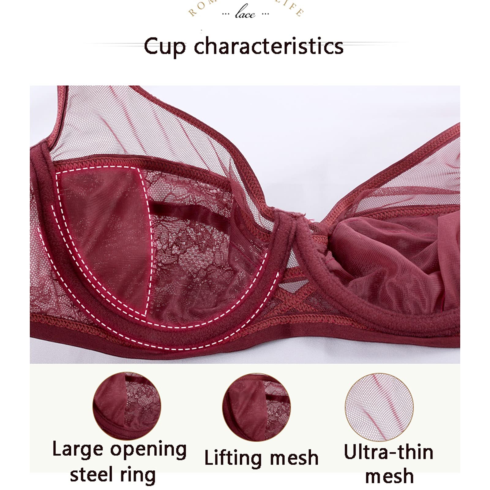 Conjunto de lencería sexy de 2 piezas para mujer, sujetador de encaje sin forro con aros de talla grande, sin relleno y bragas push up