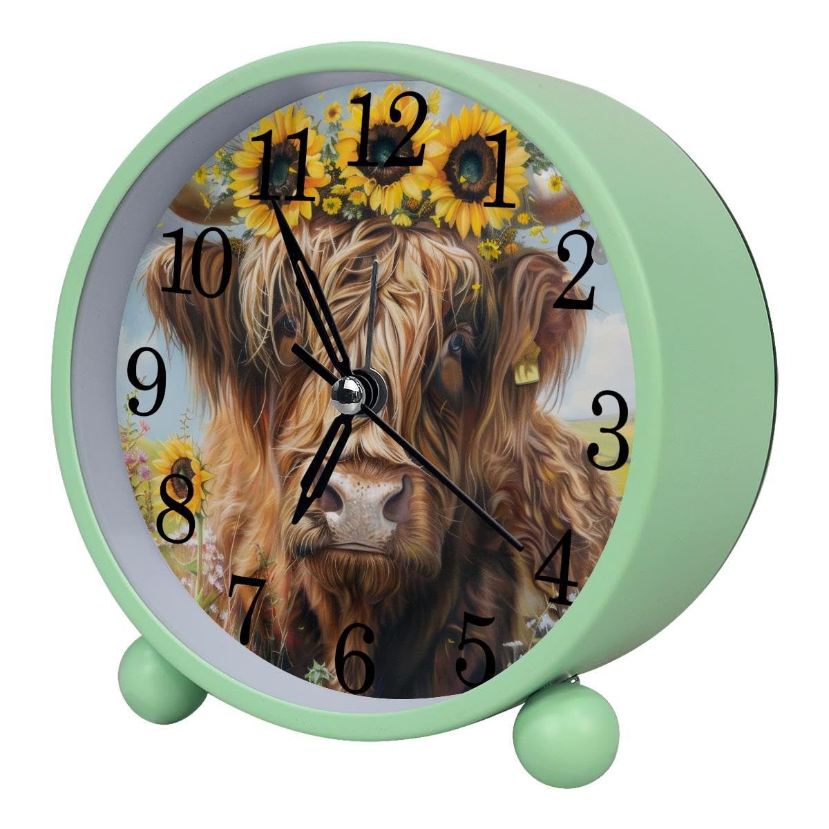 Alarm Clock Highland Cow Sunflower, Silent Non-Ticking with Night Light