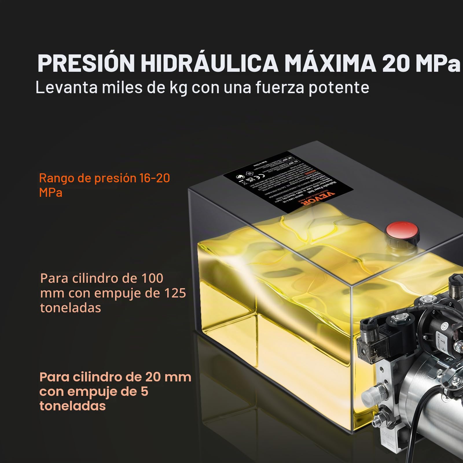 VEVOR Bomba Hidráulica DC 12 V 6 L Unidad Hidráulica de Doble Acción Flujo de Aceite 3,44 L/min Presión Máxima de Descarga 22 MPa para Volquete, Plataforma Elevadora, Remolque, Elevación y Descarga