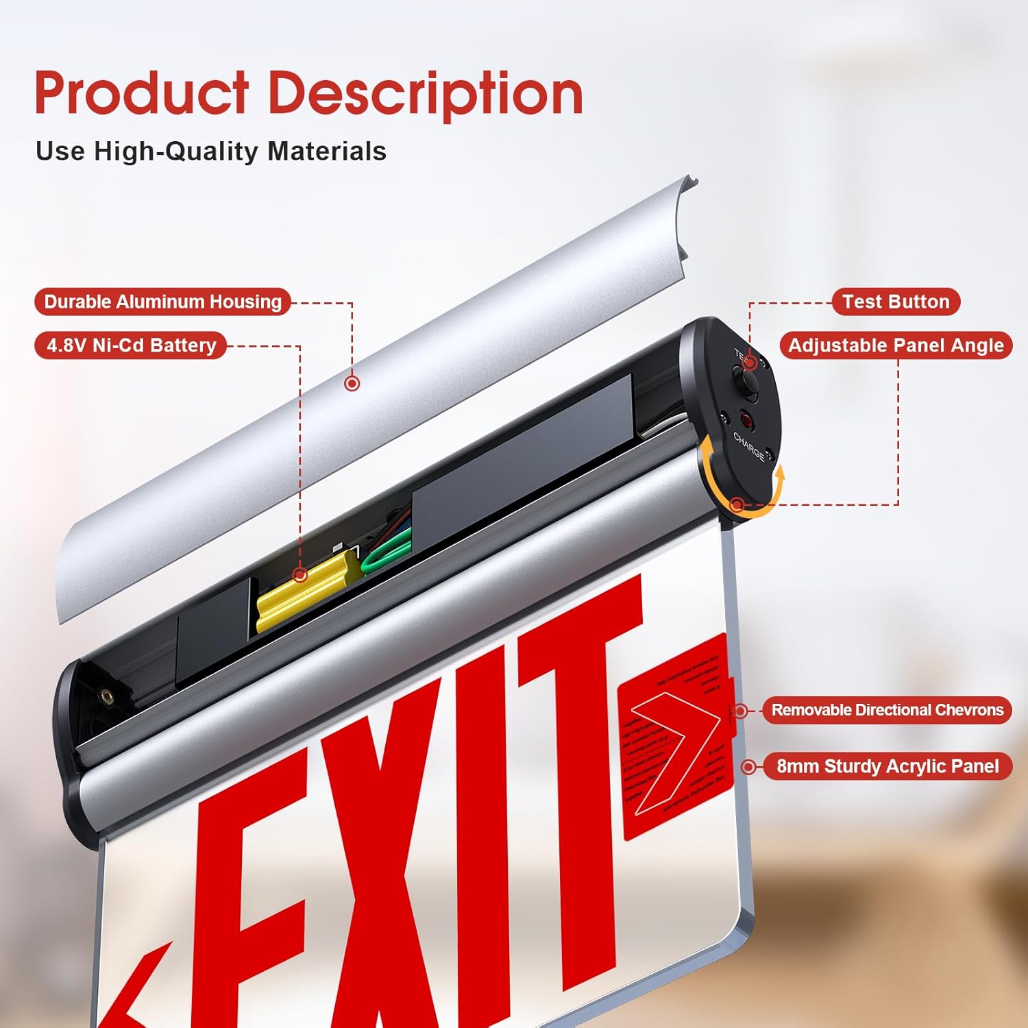 4 Pack Red Led Edge-Lit Exit Sign，Single-Sided Clear Rotating Acrylic Panel Bundle 6 Pack Two Adjustable Head Emergency Exit Light with Battery Backup