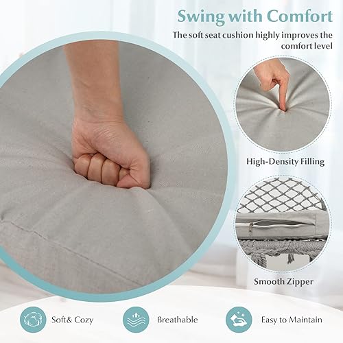 Miniatura 7 de Tangkula Silla hamaca para 2 personas, hamaca colgante de macramé con cojín, cuerda de algodón, borlas, silla colgante de estilo bohemio para