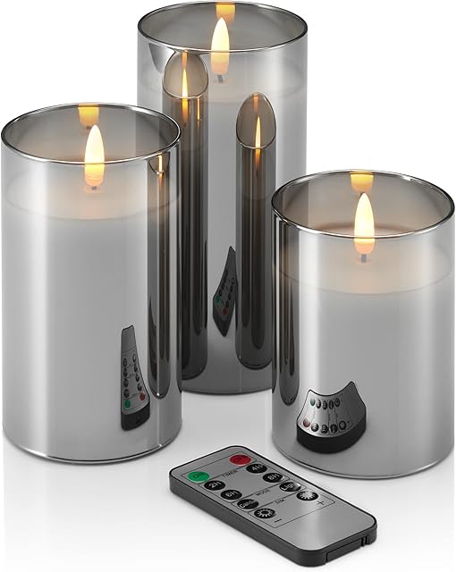 Auraglow Set of 3 LED Battery Operated Remote Controlled Smoked Glass Candles Flameless Real Wax Realistic Flickering Flame Effect with Timer, Light and Brightness Functions