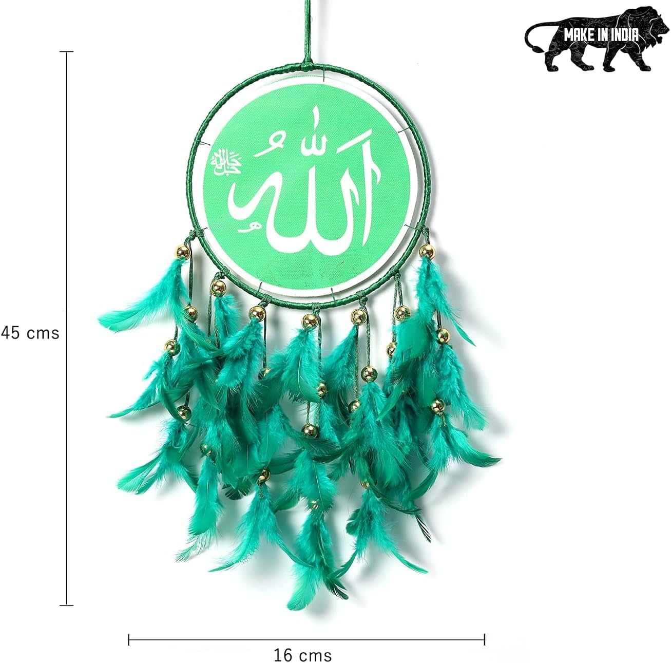 DULI Islamic Dream Catcher, Allah Calligraphy, Green Feathers with Beads, Handmade Wall Hanging, 49cm