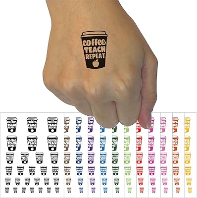 Coffee Teach Repeat Traveling Mug Teacher Appreciation Temporary Tattoo Water Resistant Fake Body Art Set Collection - Light Green (One Sheet)