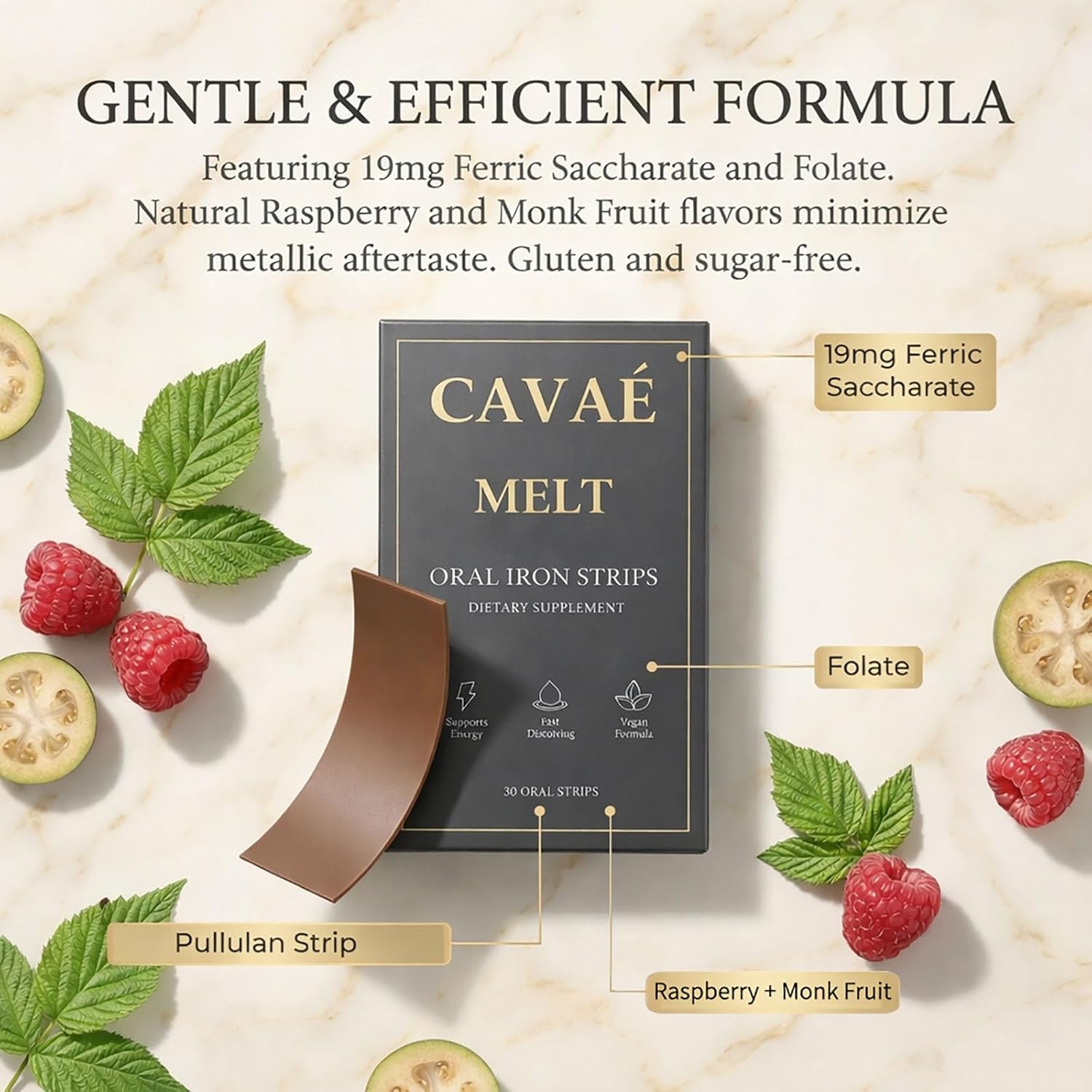 Cavae Iron Melts, Ferrovia Iron Oral Dissolvable Strips Supplement for Women, 19mg Elemental Irons + Folate, Energy Boost & Gentle on Stomach - No Water Needed, Raspberry Flavor, 30 Servings (1)