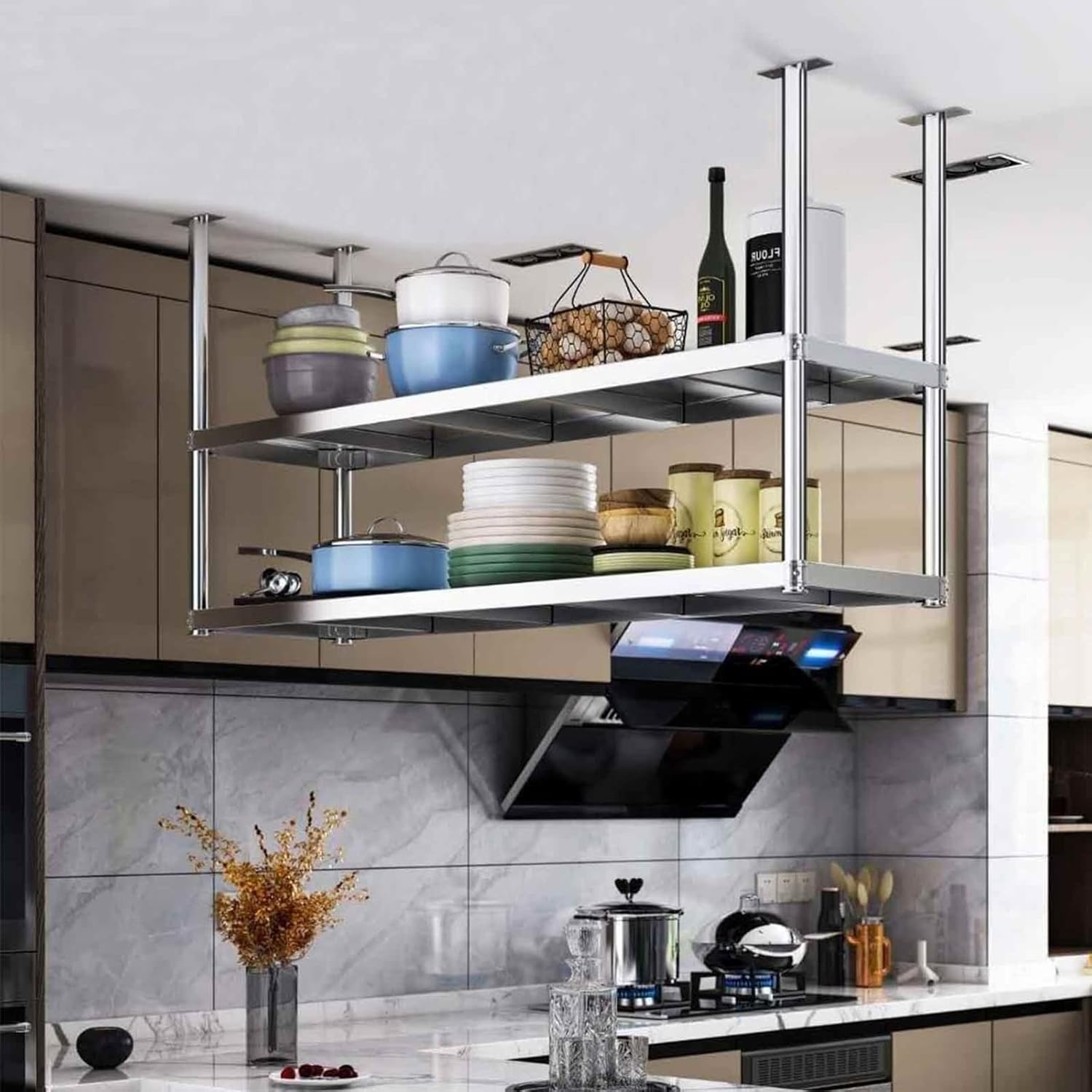 Ceiling Hanging Shelf Kitchen Pot Pan Rack, 2-Layer Ceiling Hanger Storage Shelving for Bar Cellar Garage Restaurant Ceiling Flower Stand Cookware Hanger (Size : 60x35x80cm)