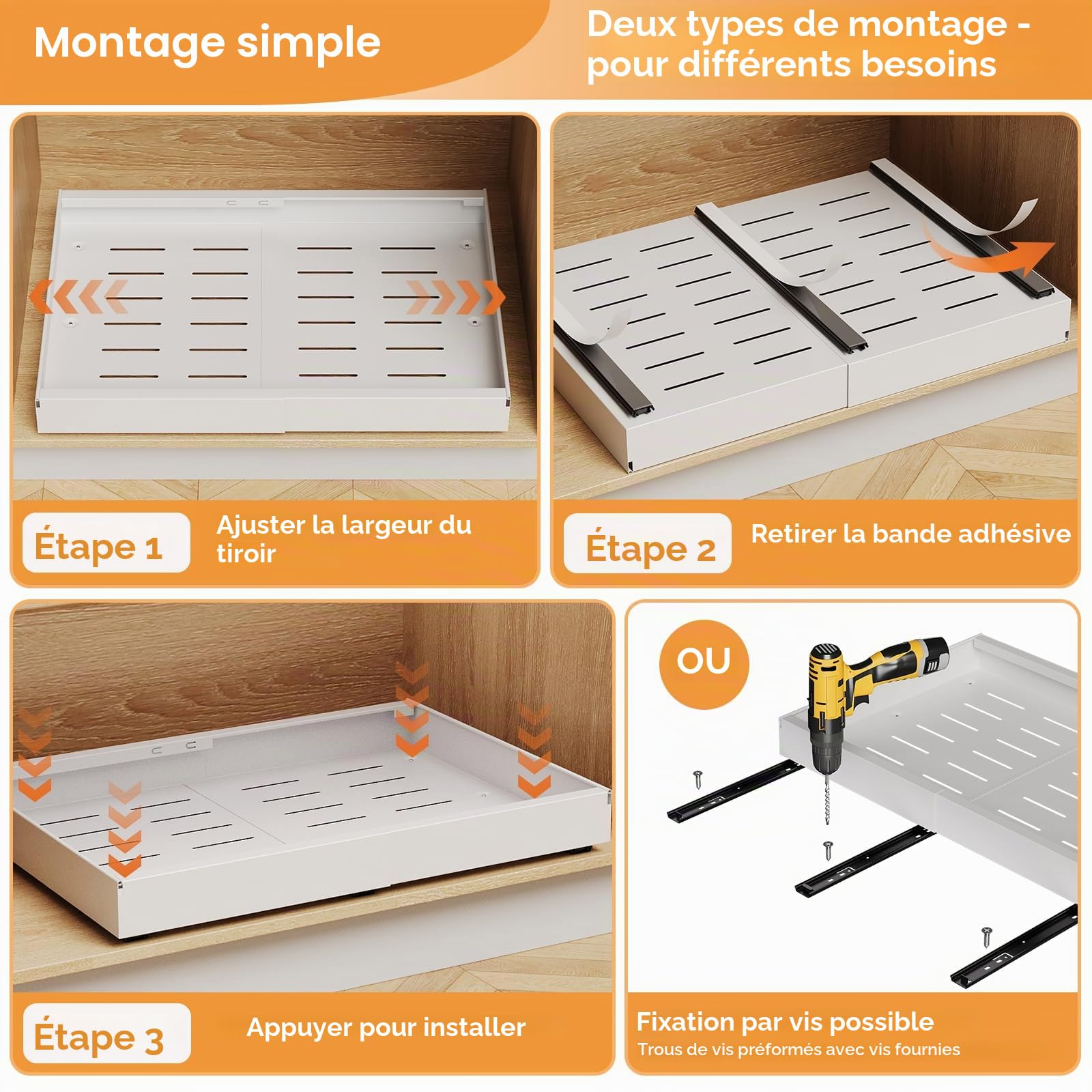 Lot de 4 tiroirs télescopiques - Largeur : 32 à 52 cm - Organiseur de placard extensible avec système de rail - Tiroir coulissant - Armoire de cuisine pour organisation de cuisine - Blanc