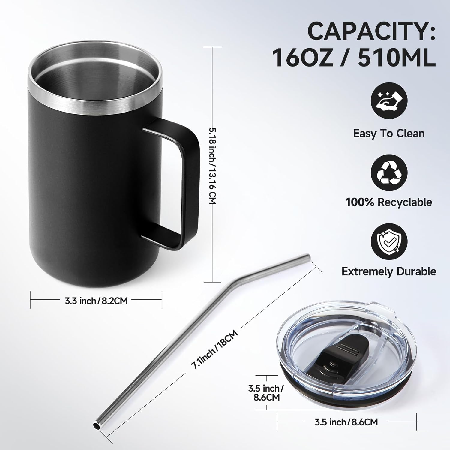 Volhoply 16oz Insulated Coffee Mug with Lid and Straw, Stainless Steel Travel Mugs with Handle, Double Wall Vacuum Leak Proof Coffee Tumbler Cup (Black,1) - Image 3