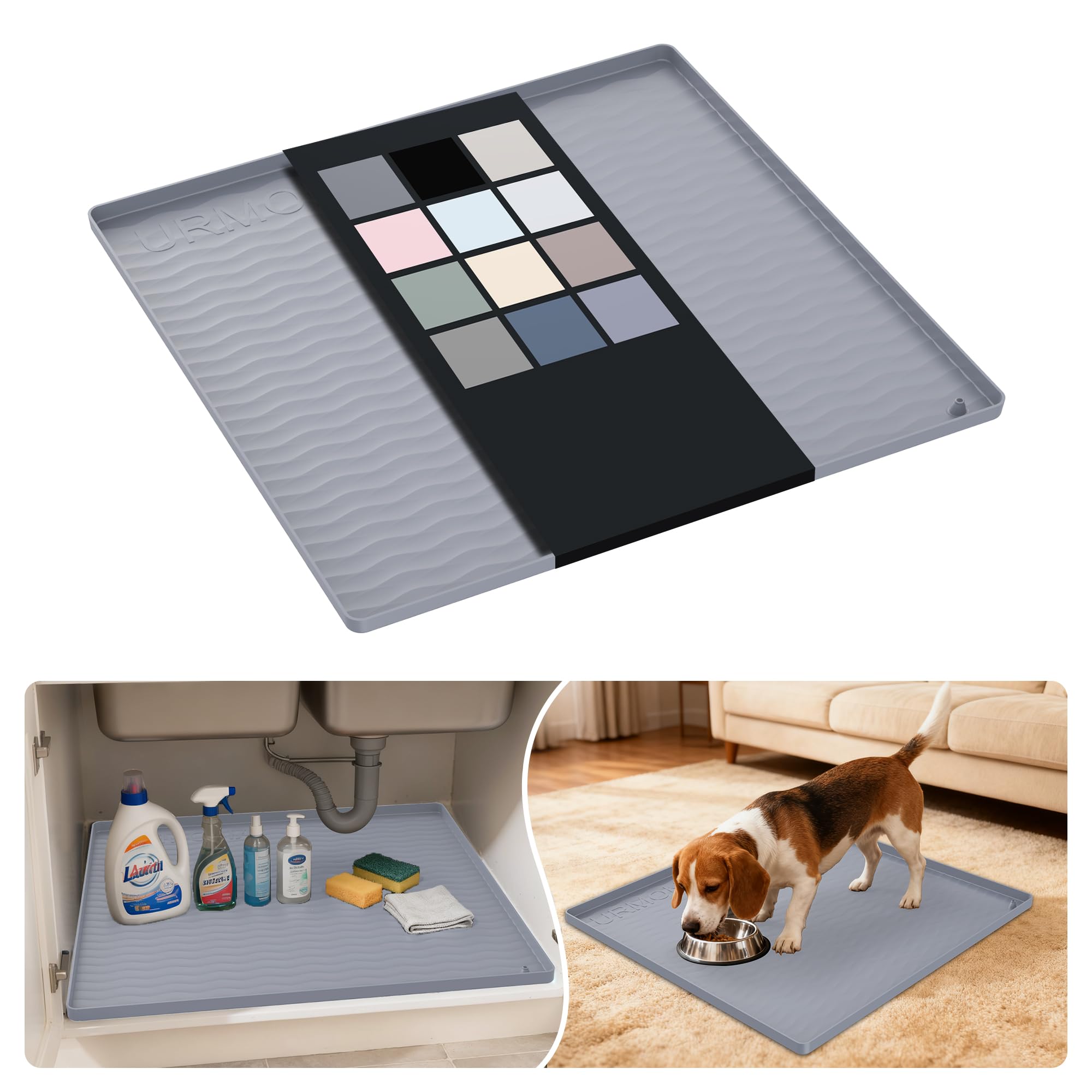 URMONA Waterproof Silicone Under Sink Mat 22'' x 22'' Shelf Liner for Kitchen and Bathroom, Cabinet and Counter Protector, Storage and Organizers, Litter Mat, Pet Cat Puppy Essentials(Light Grey)