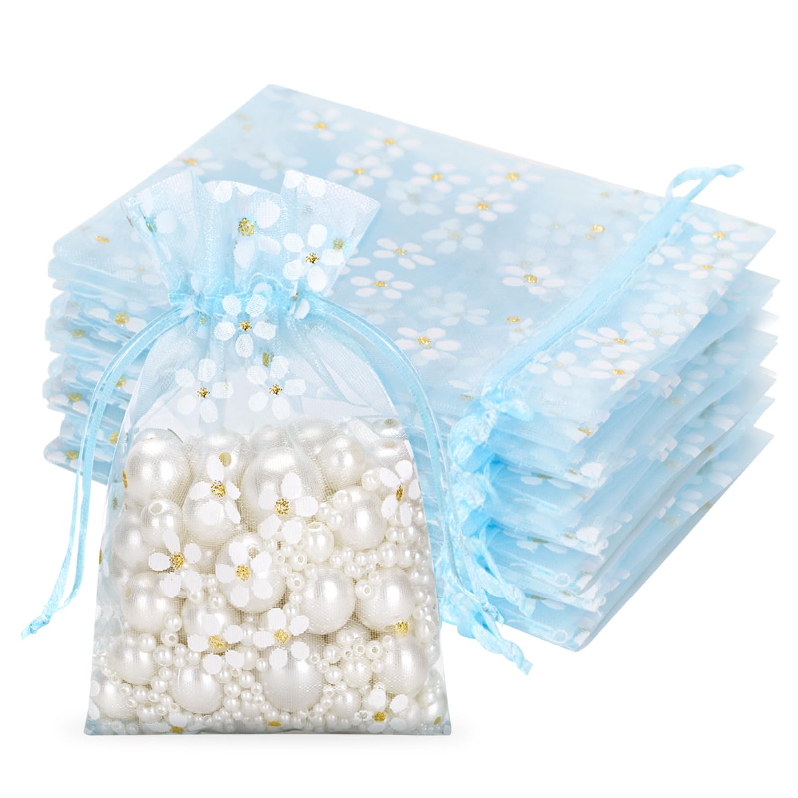 jijAcraft Daisy Organza Pouches Baby Blue: 10x12CM Organza Gift Bags 30PCS Jewelry Drawstring Pouches for Wedding, Birthday, Baby Shower, Party, Craft Storage, Gift Wrapping