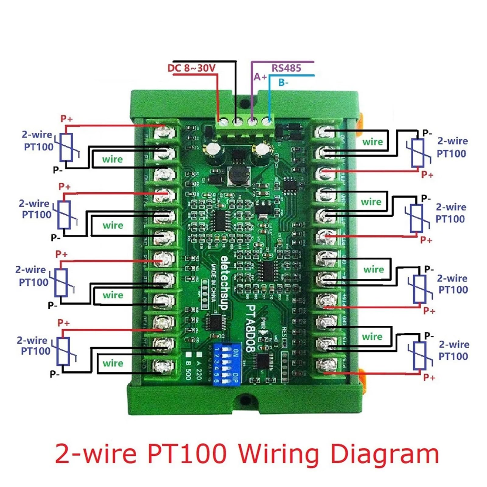 Módulo de adquisición de sensor de temperatura de 8 canales DC8-30V PT100 RTD RS485 Rep NTC K termopar Modbus RTU -40°C~+500°C (tipo C)