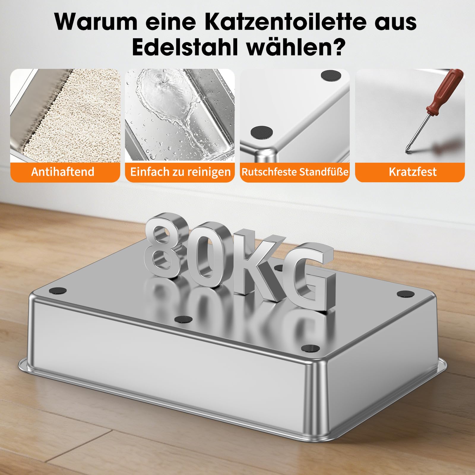 Edelstahl Katzentoilette Geschlossen XXXL Kratzmatte Oben, Dunkelgrau | Großer Klappdeckel, Aktivkohlefilter, Geruchskontrollierend, Leicht Zu Reinigen, Kratzfest, Stabil Für Große Katzen