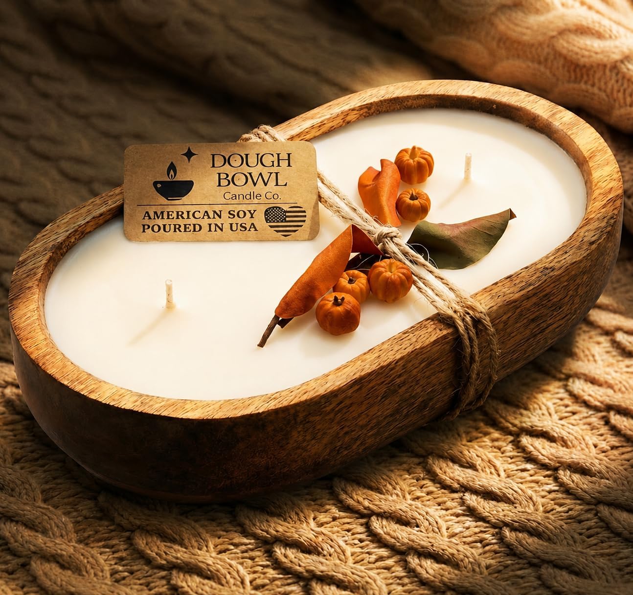 Dough Bowl Candle Co. Pumpkin Spice Soy Candle - 3 Wick Rustic Farmhouse Coffee Table Decor, Odor Eliminator in Wooden Bowls, 20 Ounce Wooden Dough Bowl Candle, All-Natural Gifts for Women and Men