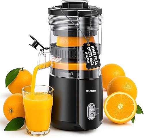 Keerain Exprimidor eléctrico de naranja, exprimidor de cítricos manos libres con cepillo de limpieza, exprimidor automático de jugo de alto