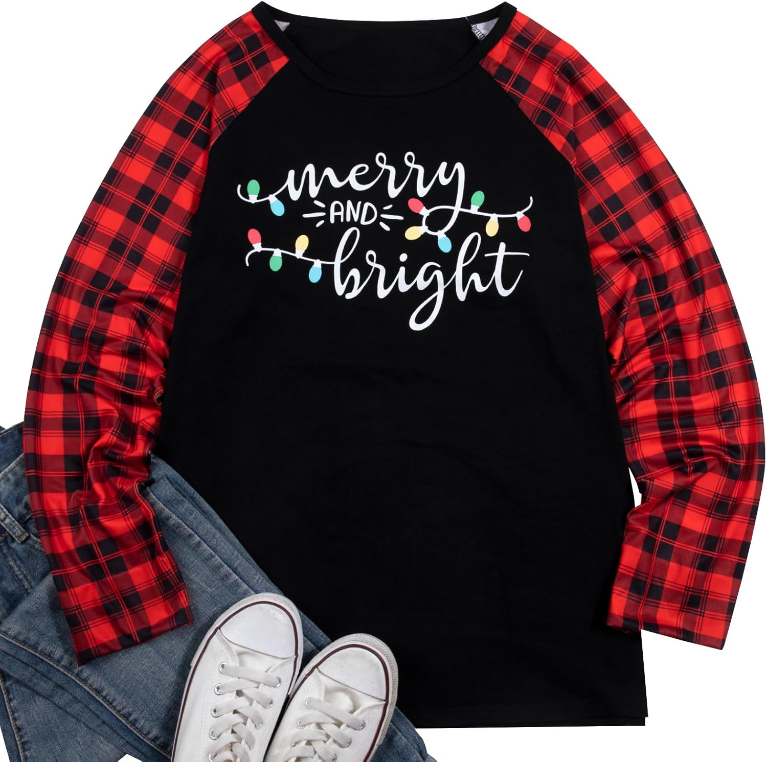 Christmas Tshirt Women Merry and Bright Shirt Letters Print Splicing 3/4 Sleeve Baseball Tshirt Blouse Tee Tops - Image 4