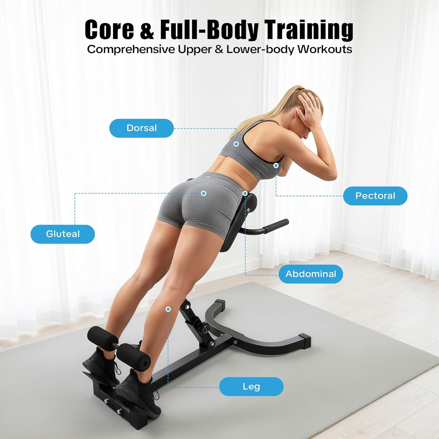 Roman Chair, Adjustable Length Foldable Back Extension Bench Machine Multi Functional Back Gym Machine for Home Gym Fitness Men Women Exercise