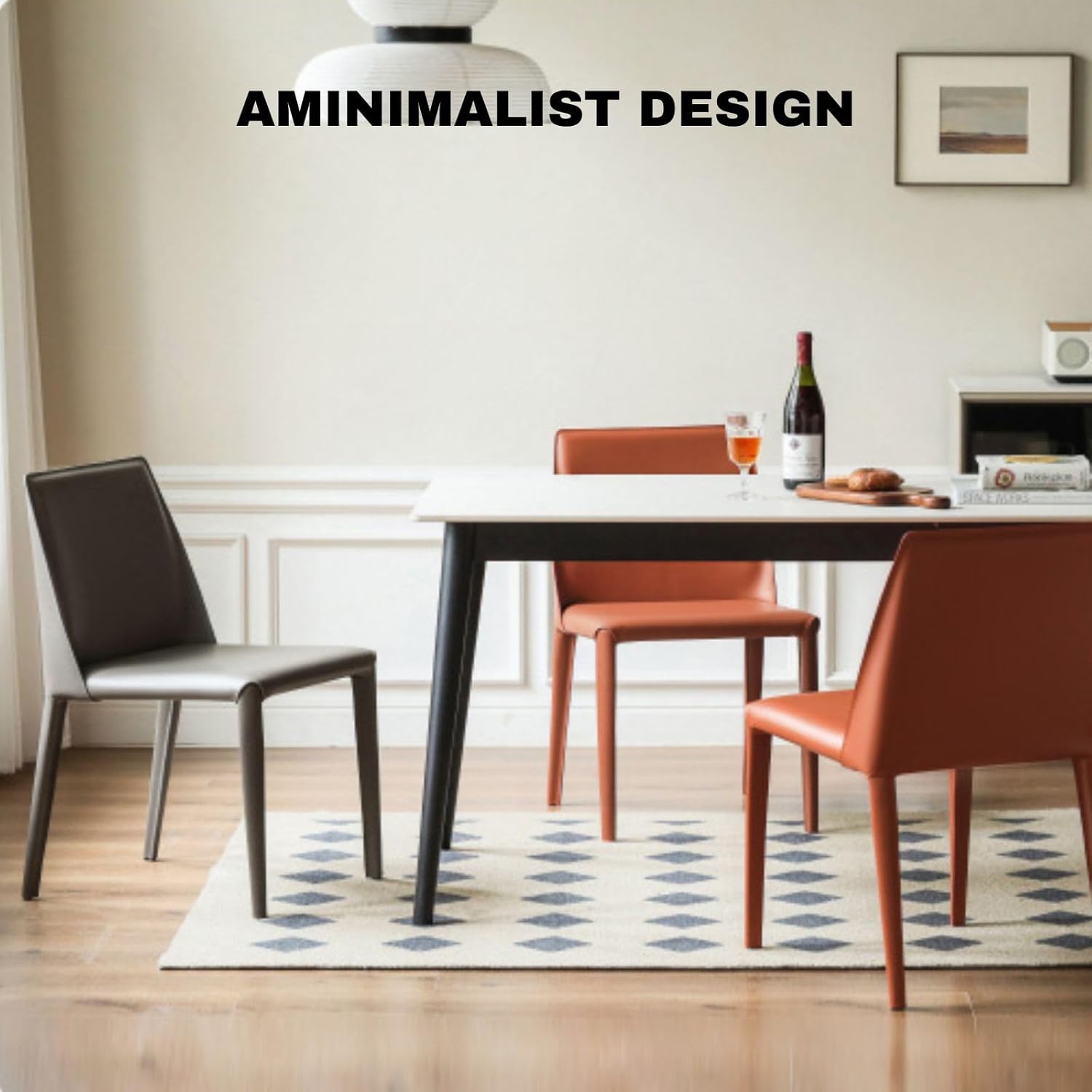 Leather Upholstered Dining Chair - Modern Minimalist Saddle Leather & Carbon Steel Chair for Dining Room Kitchen,Grey