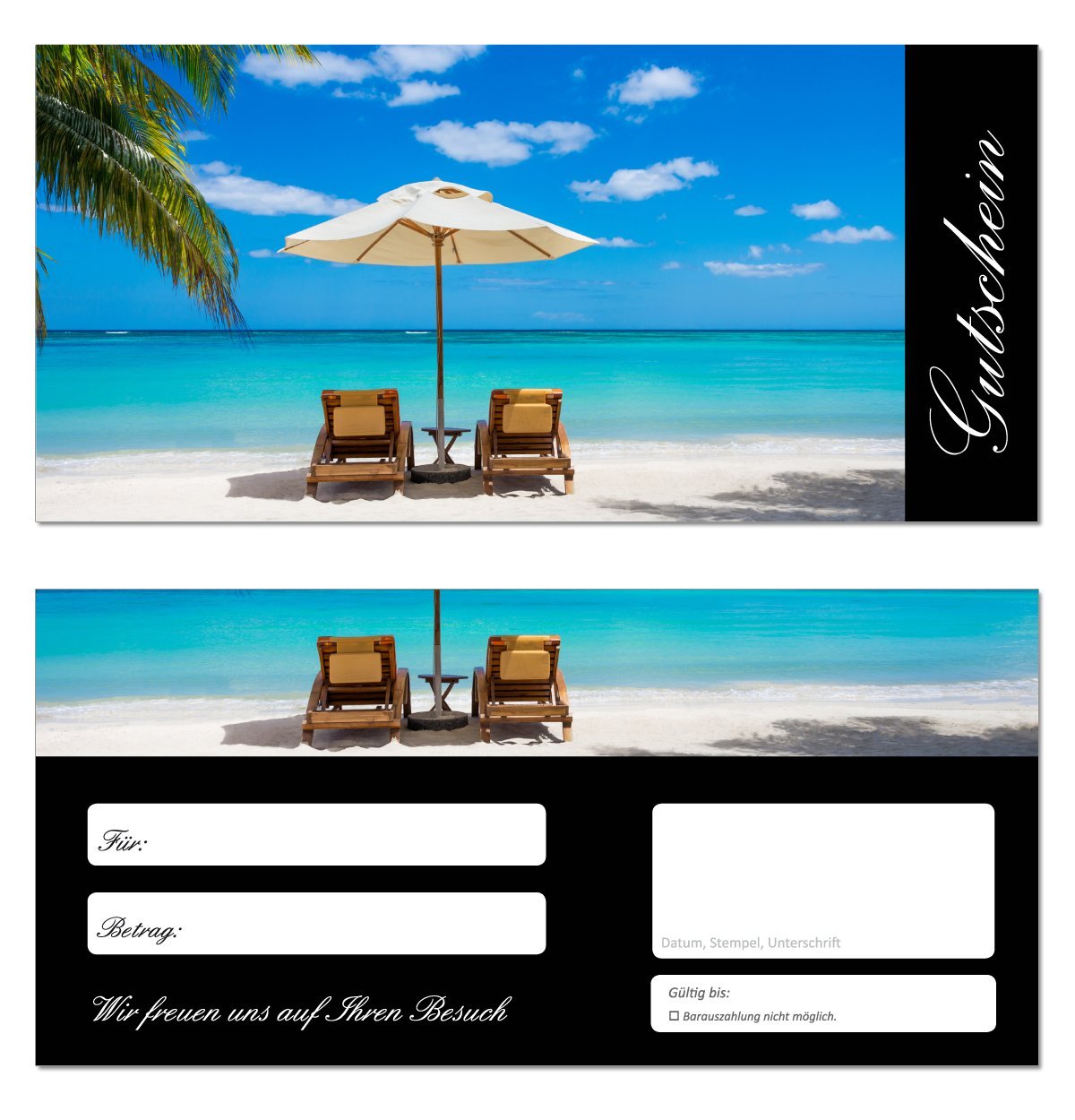200 Stück Geschenkgutscheine (Strand-647) - Gutscheinkarten Gutscheine für Bereiche Wellness, Erholung, Entspannung oder Kosmetik und Reisen Meer Palmen