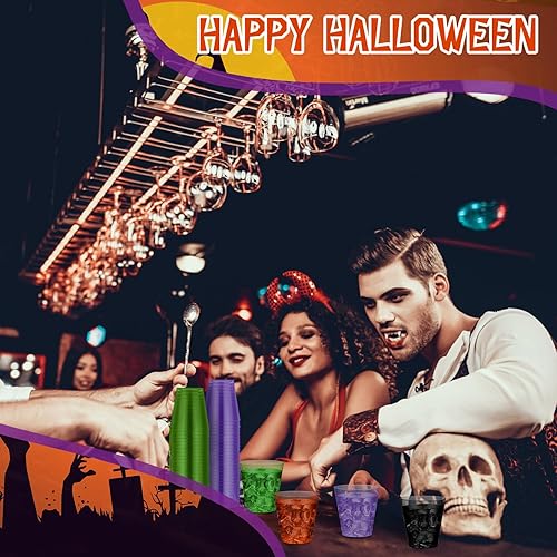 Miniatura 4 de Sunnyray Vasos de chupito de plástico para Halloween a granel de 2 onzas, vasos desechables de plástico duro transparente y coloridos vasos de