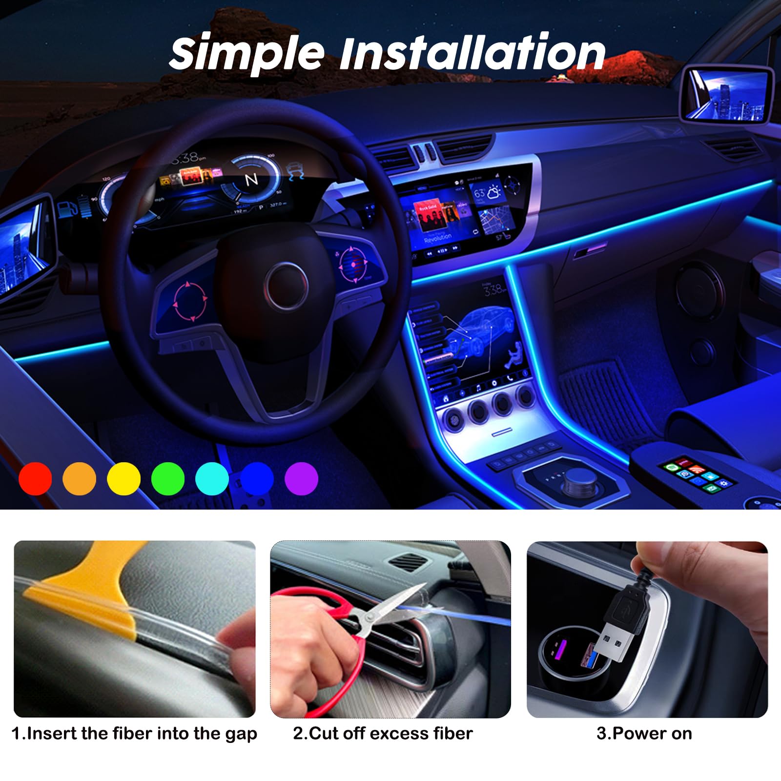 Światła samochodowe LED USB Wewnętrzne oświetlenie samochodowe z aplikacją i pilotem RF Oświetlenie nastrojowe 5 w 1 z 276-calową synchronizacją muzyki światłowodowej Instalacja