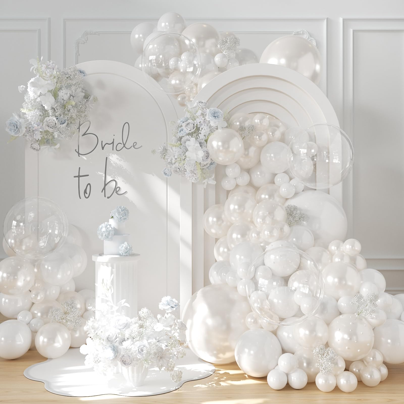 CROSSFINGERS Pearl White Balloon Garland Arch Kit, Double Stuffed 189pcs White Balloons with Pearl Stickers for Birthday Wedding Baby Shower Bridal