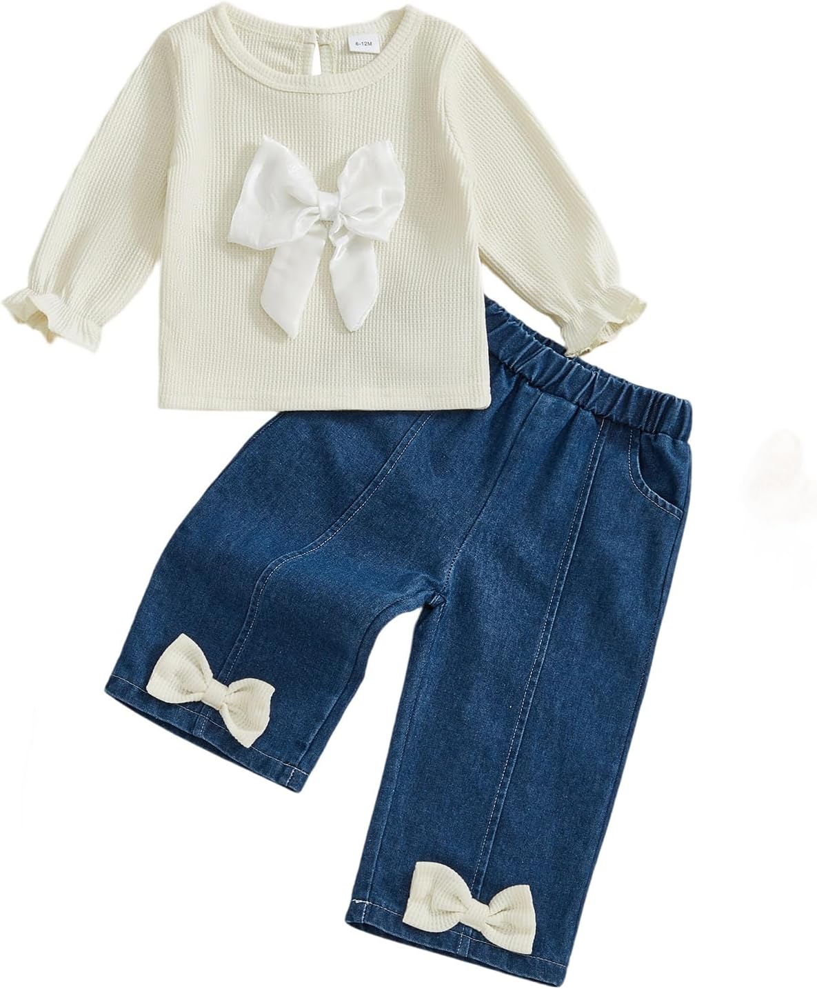 Toddler Baby Girls Outfits Long Sleeve Bow Sweatshirt Pullover Tops Denim Pants Set Sweatsuit Fall Winter Clothes