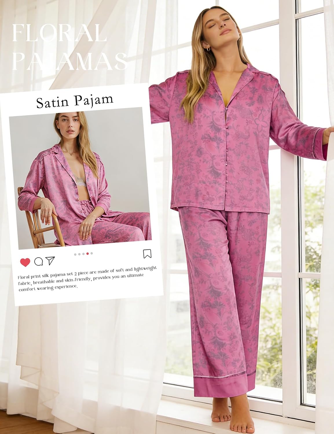 Yimoon Satin Pajama Set for Women Silk Pajamas Set 2 Piece Floral Cute Pj Set Long Sleeve Pjs Sleepwear