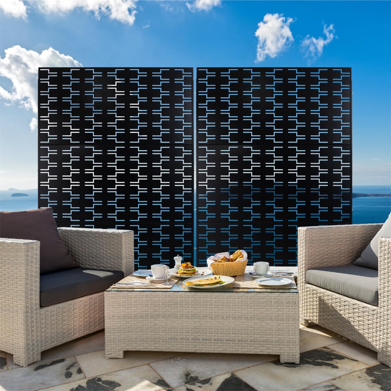 76" H×48" W Metal Privacy Screen, Freestanding Decorative Privacy Screen for Deck Balcony Patio, Privacy Fence Panels for Outside Lawn Garden (Black)
