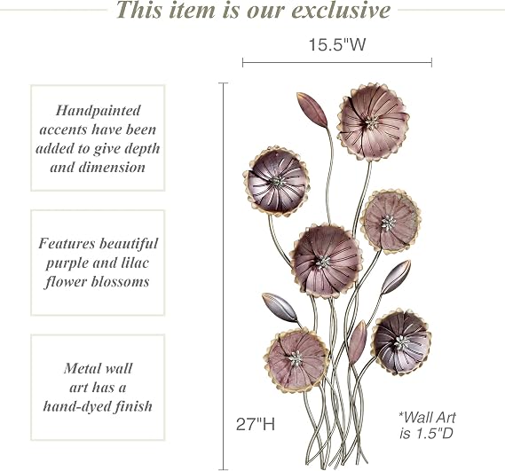 Touch of Class Charming Floral Array Wall Art - Purple - Three-dimensional Work - Big Flower Wall Decor - Flower Sculpture - Metal Art for Bedroom, Living Room, Bathroom - Metallic Look