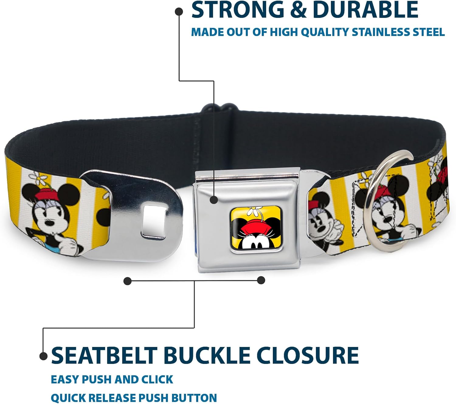 Buckle-Down Seatbelt Buckle Dog Collar - Minnie Mouse w/Hat Poses Stripe Yellow/White - 1" Wide - Fits 11-17" Neck - Medium