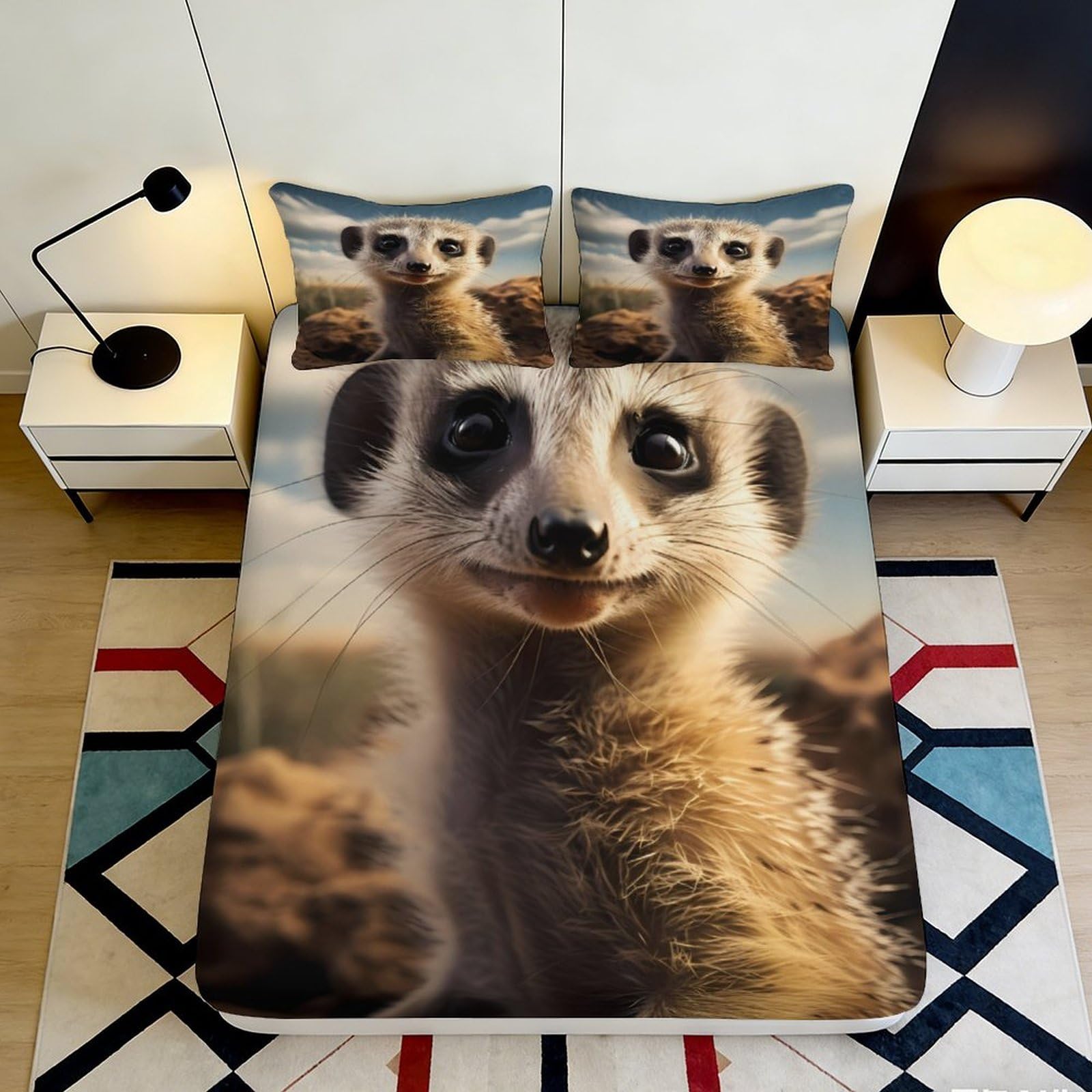 Pnayamiorkfel Style-2 3D Printed Meerkat Fitted Sheet Microfiber Soft Non-Slip Animal Bed Cover Bedroom Decor Easy Care 90X200x25cm