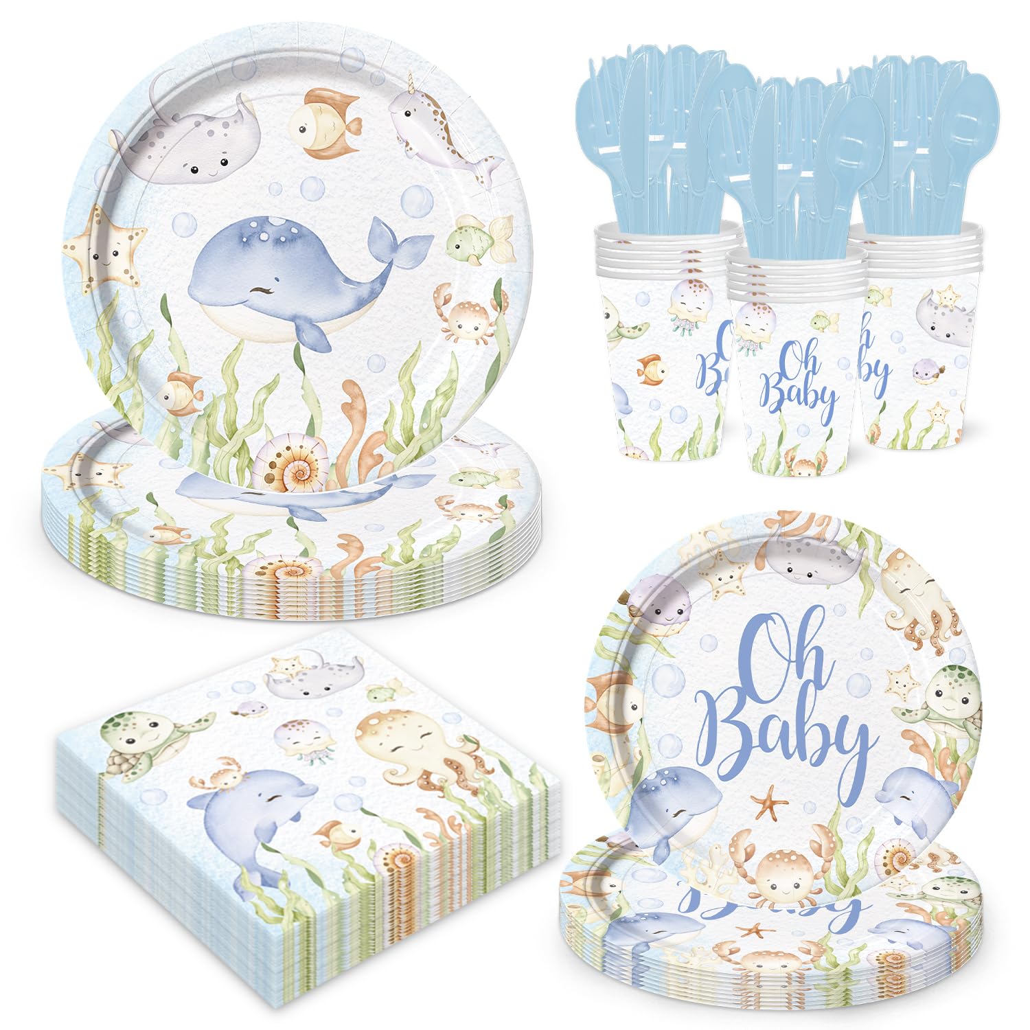 LANGASQUE 168 Pcs Under The Sea Baby Shower Supplies Paper Plates Napkins Set Including Plates, Napkins, Cups, Knives, Forks, Spoons for Party