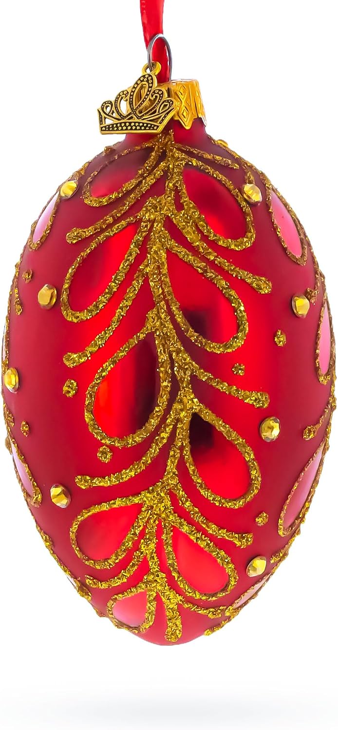 Red Paisley Glass Egg Christmas Ornament 4 Inches