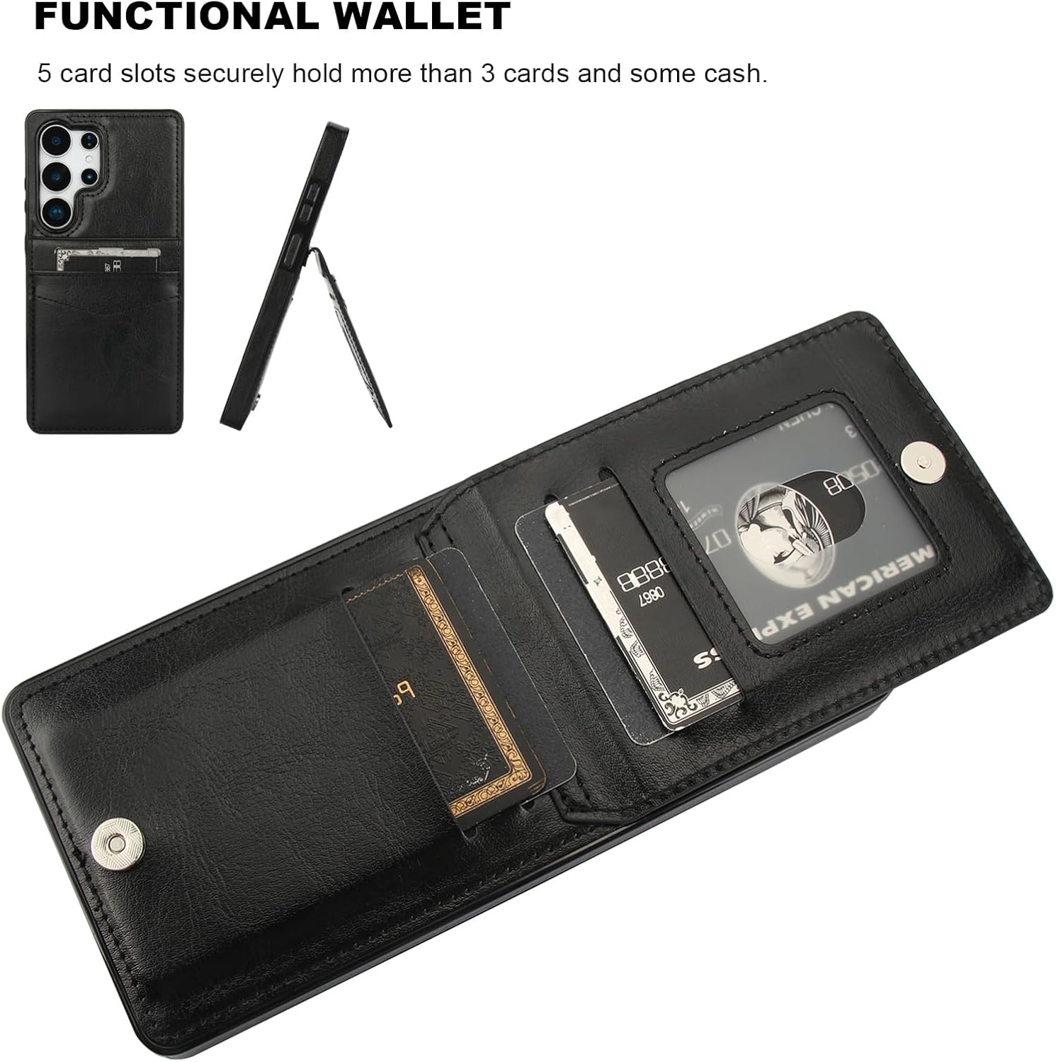 KIHUWEY for Samsung Galaxy S25 Ultra Case Wallet with Credit Card Holder, Flip Premium Leather Magnetic Clasp Kickstand Heavy Duty Protective Cover for Samsung Galaxy S25 Ultra 6.9" (Black) - Image 4