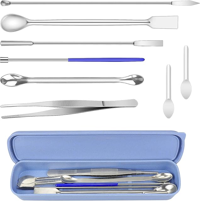 Dreamtop 8 Pcs Stainless Steel Lab Spatula Micro Scoop Set Capsule Filling Micro Spoon Spatula Laboratory Sampling Spoon Mixing Spatula with Tweezers for Powders Gel Cap Capsule Filler Pill Filler
