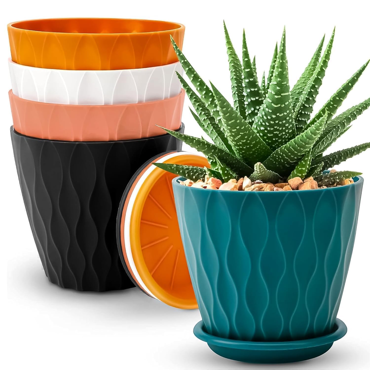 MARKWELL Flower Pots for Garden, Plastic Plant Pots with Matching Saucers, Indoor & Outdoor Pots for Plants for Balcony, Living Room & Home Decor, Round Planters Set of 5, Multicolour-image-14