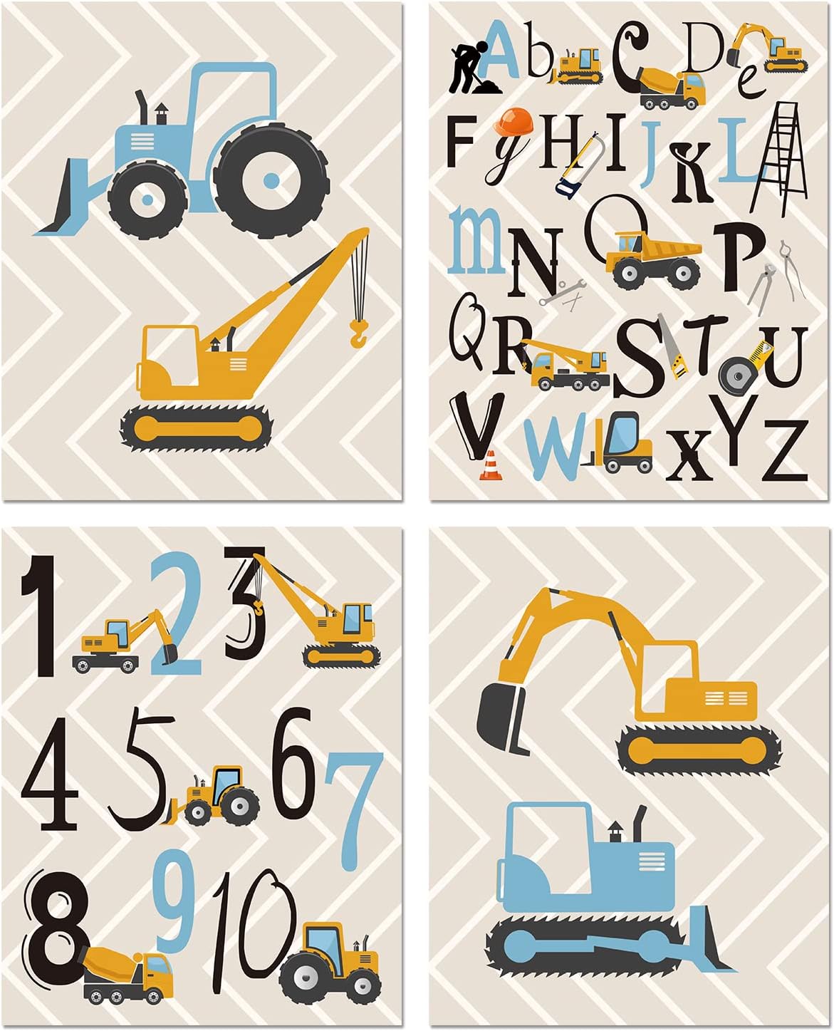 Cartoon Construction Art Print, Set of 4 (8X10”) Trucks,Digger,Transport Vehicle Canvas Poster,Alphabet Numbers Art Painting Set,Boy Bedroom Classroom Decor,Unframed