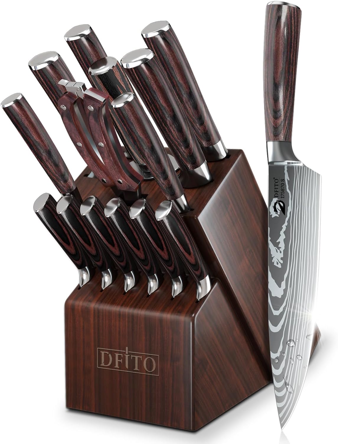 Dfito 15-Piece High-Carbon Stainless Steel Kitchen Knife Set with Acacia Wood Block and Integrated Sharpener