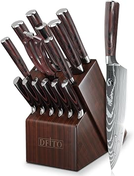 Dfito Kitchen Knife Set, 15 Pieces Knife Set with Block and Sharpener, High Carbon Stainless Steel Chef Knives Set with Red Pakkawood Handle for Home Cooking, Dishwasher Safe